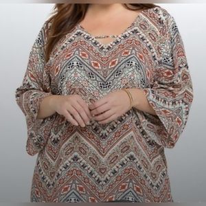Torrid 3/4 Sleeve Aztec Criss Cross Chevon Multi Color Tunic